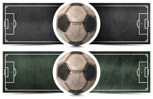 Two horizontal banners with a black and green blackboard with football field and old soccer ball. Isolated on white background