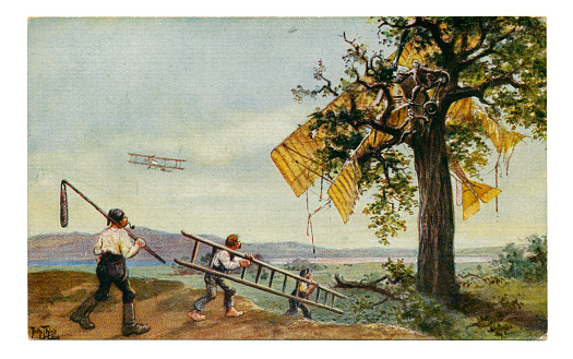 Artist signed postcard by Arthur Thiele, over 100 years old. A two-seater German biplane has crashed into a tree. Arthur Thiel's humorous postcard pokes fun at the unreliability of these very early flying machines. The invention of the aeroplane by the Wright brothers in 1903 initiated an enormous flurry of activity. In 1909, this report is recorded: 'A New German Biplane – In spite of being inconvenienced by a heavy fall of snow, two German inventors, Herr Amerigo and Herr Thiele, succeeded in getting the biplane they have built at Leipzig to make several long jumps...' Arthur Thiele died in 1915, just after the beginning of the First World War.