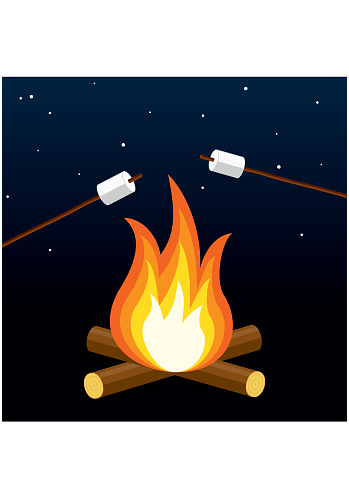 Bonfire with marshmallow. Camping grill marshmallow. Marshmallow outdoor campfire night. Vector Illustration