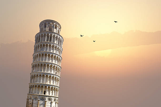 Pisa Tower View View of historical Pisa Tower in Cathedral Square of Pisa, Italy, on sunrise or sunset sky background. pisa stock pictures, royalty-free photos & images