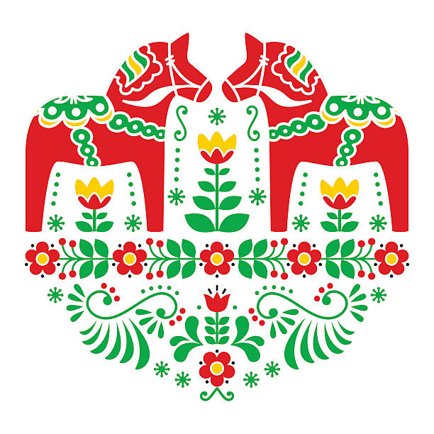 bildbanksillustrationer, clip art samt tecknat material och ikoner med swedish dala or daleclarian horse floral folk art pattern - wheather sweden