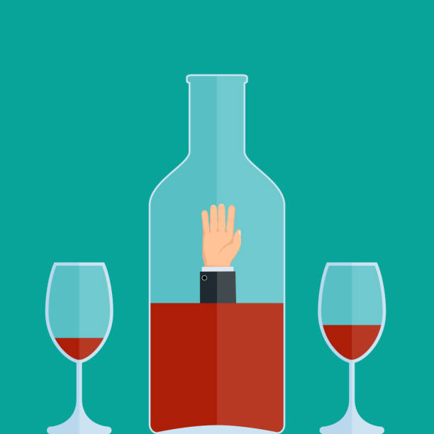 illustrazioni stock, clip art, cartoni animati e icone di tendenza di uomo annega in una bottiglia - alcoholism drunk hangover grief