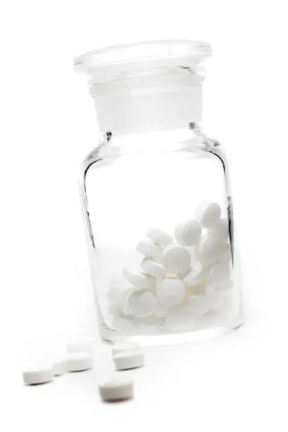 A generic pharmaceutical retro glass bottle with pills