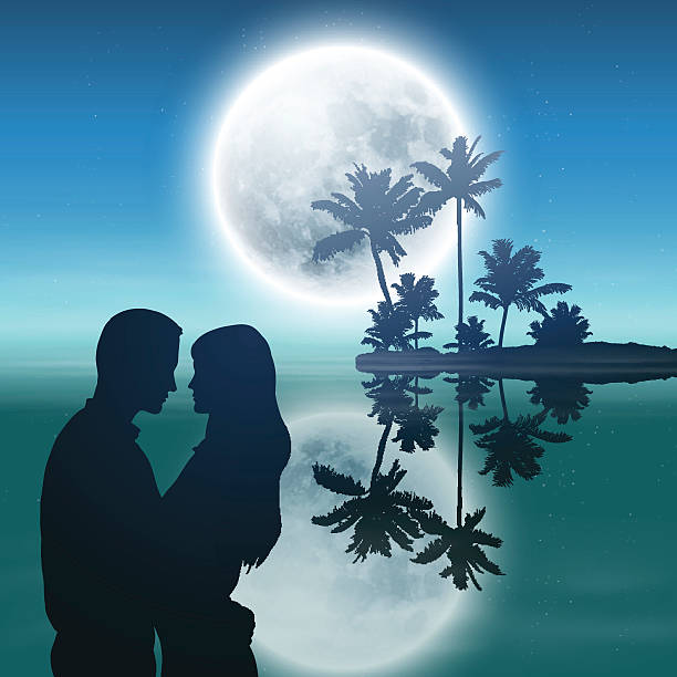 istock Sea at night. Island with palm trees and silhouette couple. 513136617