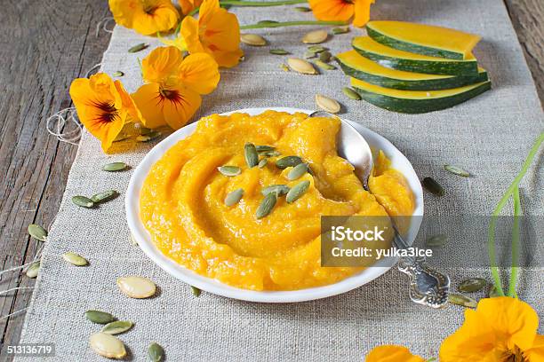 Pumpkin Porridge In Flax Napkin Stock Photo - Download Image Now - Breakfast, Cultures, Dinner