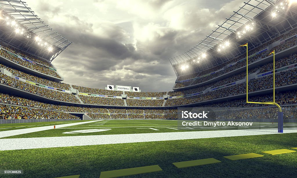 American Football Stadium 3d render Image of 	American Football Stadium in lights and flashes American Football - Sport Stock Photo