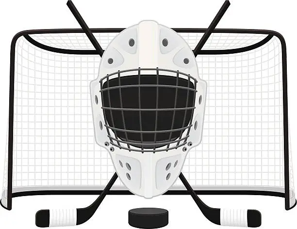 Vector illustration of A drawing of a hockey goalie mask in front of a net