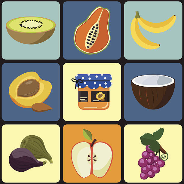 illustrazioni stock, clip art, cartoni animati e icone di tendenza di vector set di icone di frutta - fig apple portion fruit