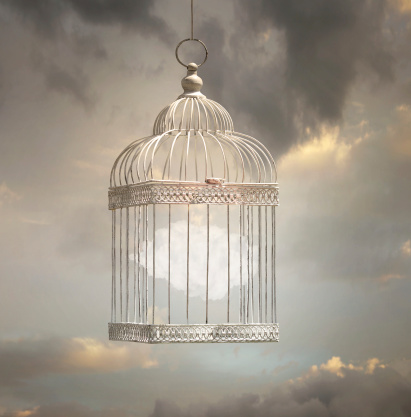 Dreamy image that represent a cloud inside a cage with a beautiful sky in the background