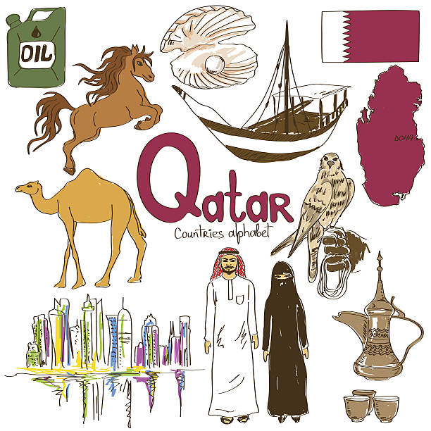 Collection of Qatar icons Fun colorful sketch collection of Qatar icons, countries alphabet dhow stock illustrations