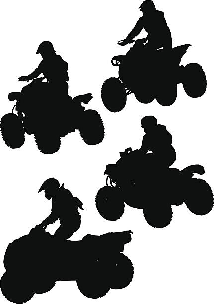 뛰어내림 quad - off road vehicle silhouette motorcycle back lit stock illustrations