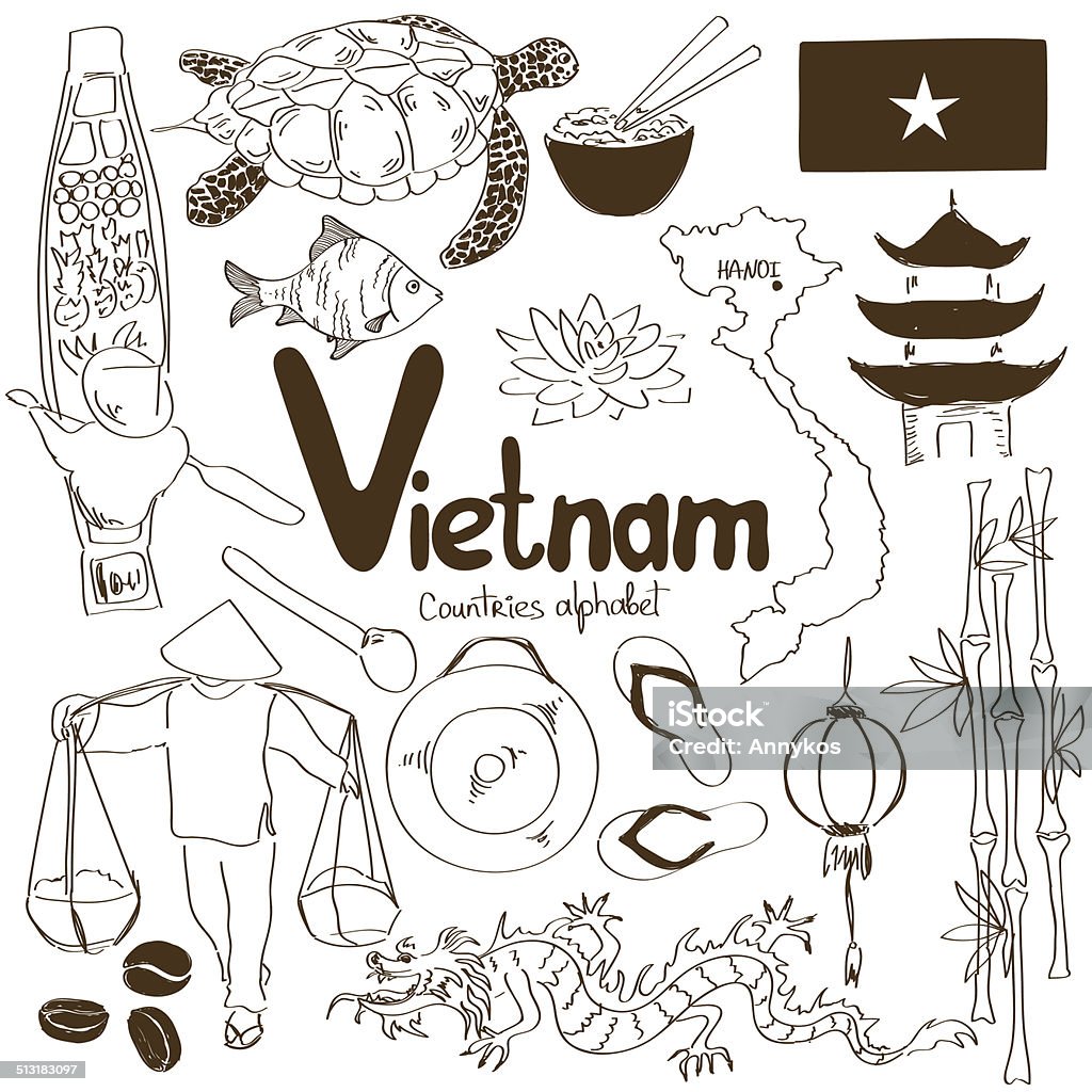 Collection of Vietnamese icons Fun sketch collection of Vietnamese icons, countries alphabet Vietnam stock vector