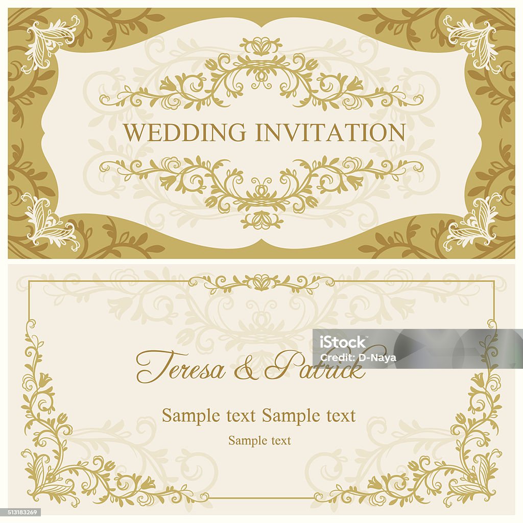 Baroque wedding invitation, gold and beige Antique baroque wedding invitation, gold on beige background Ancient stock vector