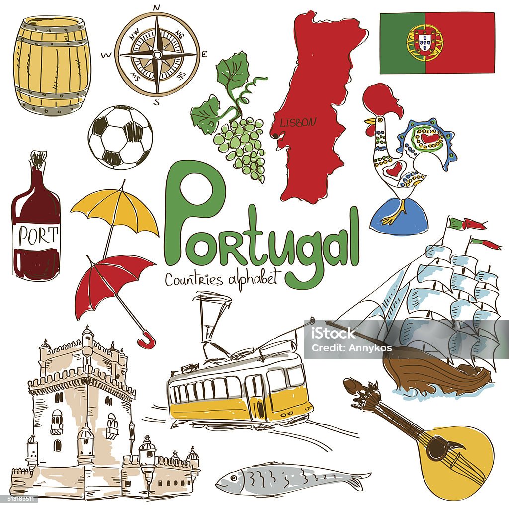 Collection of Portugal icons Fun colorful sketch collection of Portugal icons, countries alphabet Portugal stock vector