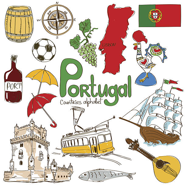 Collection of Portugal icons Fun colorful sketch collection of Portugal icons, countries alphabet industrial ship military ship shipping passenger ship stock illustrations