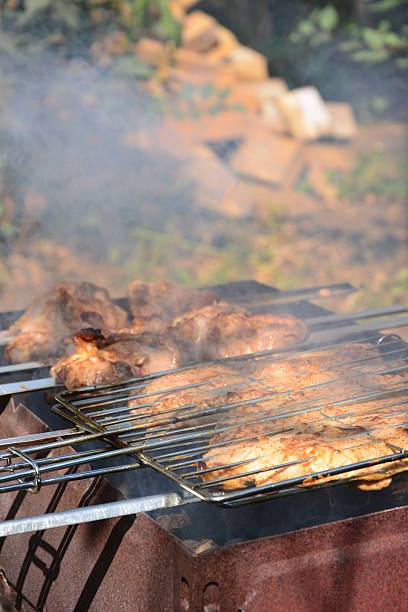 Preparation, Cooking kebabs on charcoal outdoor