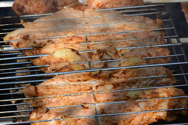Preparation, Cooking kebabs on charcoal outdoor