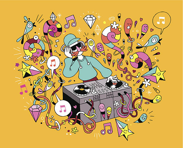 dj mischen musik auf vinyl-plattenspieler cartoon illustration - party dj turntable mixing human hand stock-grafiken, -clipart, -cartoons und -symbole