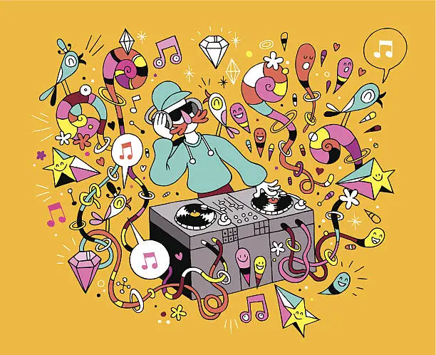 Vector illustration of DJ playing mixing music on vinyl turntable cartoon illustration