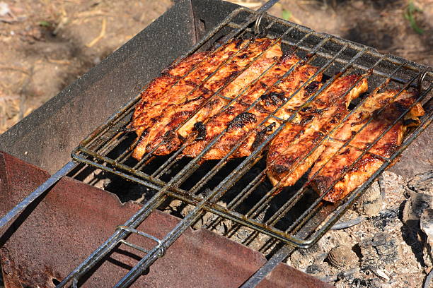 Preparation, Cooking kebabs on charcoal outdoor