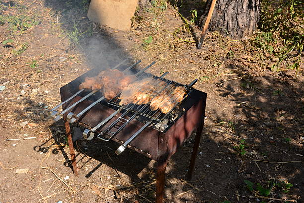 Preparation, Cooking kebabs on charcoal outdoor