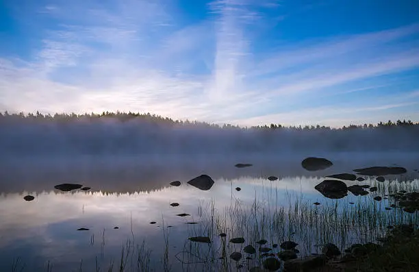 Lake scenery in fog before sunrise
