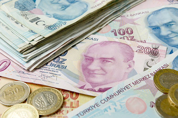 sfondo di lire turche banconote. - pagare foto e immagini stock