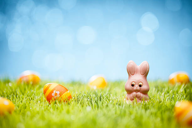 Easter Eggs and candy Bunny - Green Grass Defocused Bokeh Easter Eggs and pink chocolate bunny. Shape modified no-Name Bunny, was strawberry flavour ;) chocolate bunny stock pictures, royalty-free photos & images