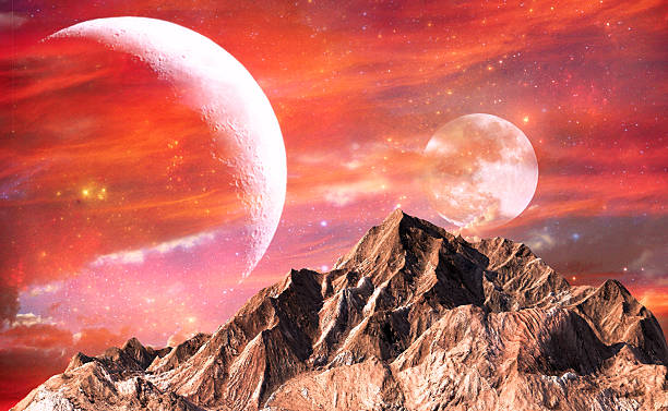 istock Rock mountain with red sky and twin moons as background 513223922