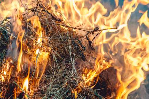 A fire burns grass and straw.