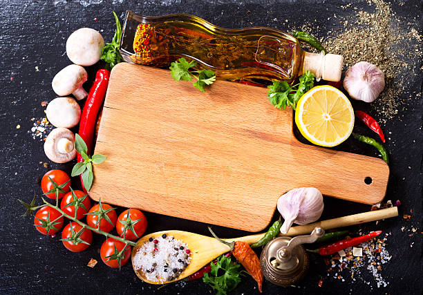 istock empty wooden board with various products for cooking 513227468