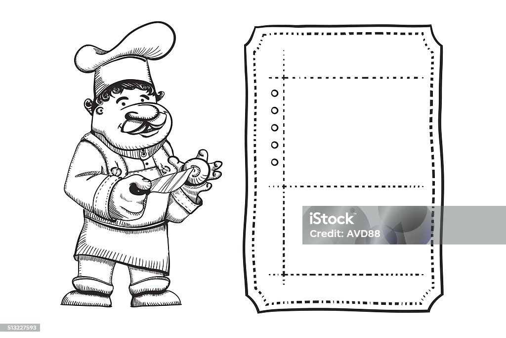 Illustration of cartoon cook. Template for recipe or menu list. Illustration of cartoon cook with knife. Template for recipe or menu list. Adult stock vector