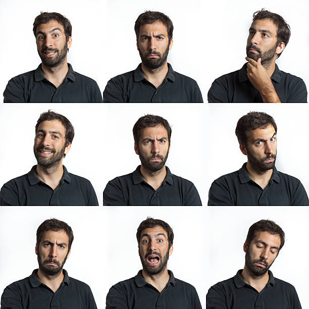 Junger Mann Gesicht ausdrücken mit Bart und wegen Schnurrbärte composite Isoliert – Foto