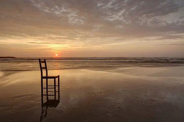 Photo of Abandoned Wooden Chair Beach Sunset Oregon Coast Reflection Horizontal HDR