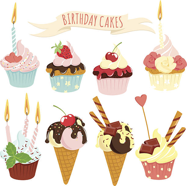 festliche geburtstag kuchen und eis-set - cupcake birthday birthday cake first place stock-grafiken, -clipart, -cartoons und -symbole