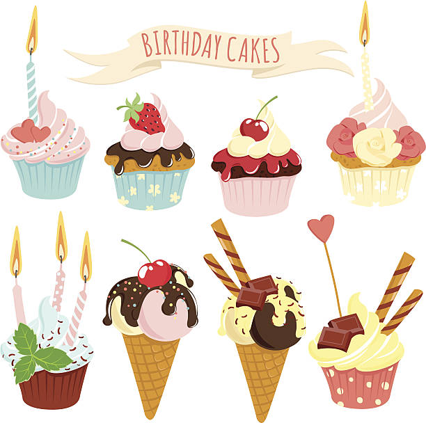 ilustrações de stock, clip art, desenhos animados e ícones de festive bolos de aniversário e gelado conjunto - cupcake birthday birthday cake first place