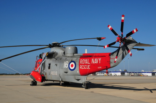 Jersey, U.K. - September 10, 2014: A Royal Naval rescue helicopter at Jersey airport and part of the Jersey International Airshow 2014 static display.