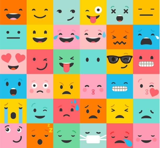 ilustraciones, imágenes clip art, dibujos animados e iconos de stock de conjunto de colorido emoticonos, emoji fondo plana patrón - cara antropomórfica ilustraciones