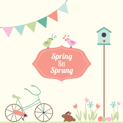 Spring elements featuring bike, banner, bunny, flowers, with 