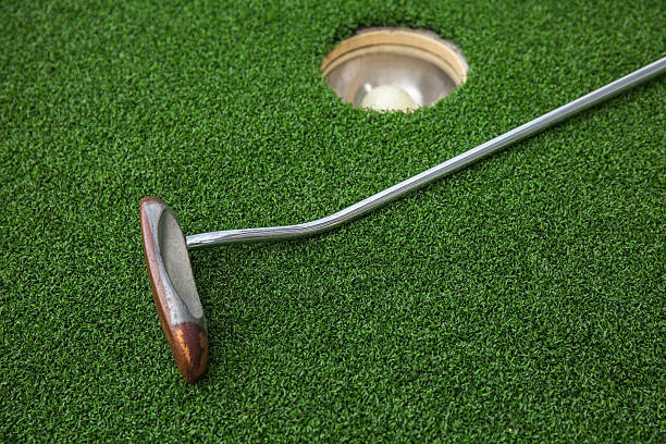 istock Golf club on green grass with golf ball in hole 513229082