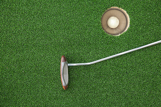 Golf club on green grass with golf ball in hole