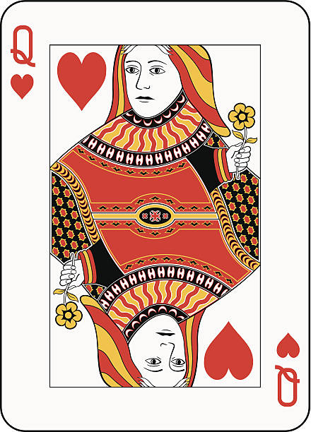 Queen of hearts Queen of hearts playing card. Three levels vector file: 1: big frame, index and white background 2: small frame and face 3: decorations hearts playing card illustrations stock illustrations