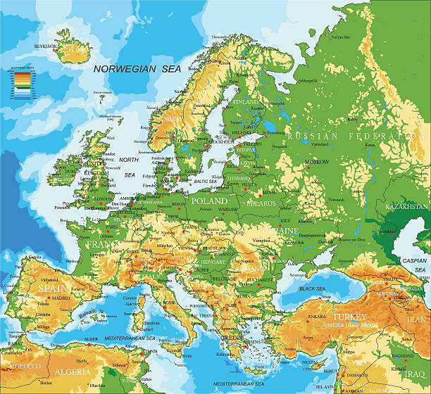 europa mapa fizyczna - france gibraltar stock illustrations