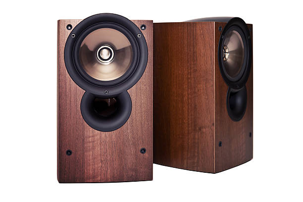istock Loudspeaker in wooden cabinet isolated on white 513232237