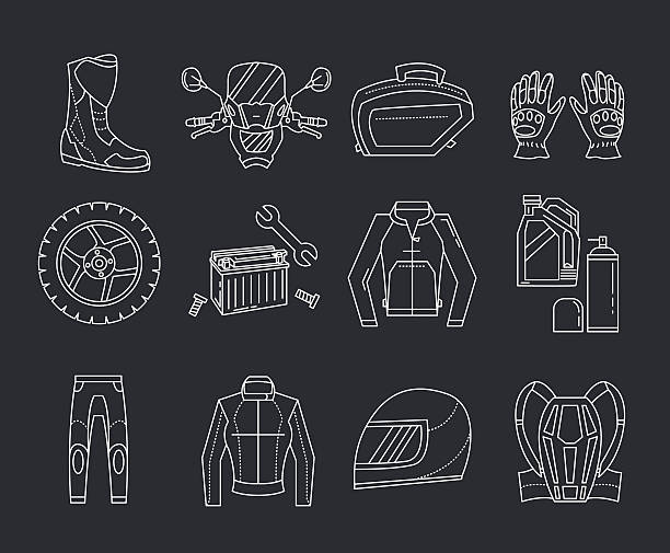 ilustrações, clipart, desenhos animados e ícones de vetor ícones conjunto de motocicleta - motorcycle mirror biker glove