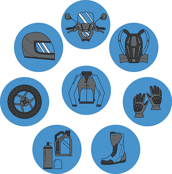 illustrations, cliparts, dessins animés et icônes de vecteur ensemble de symboles de moto - motorcycle mirror biker glove