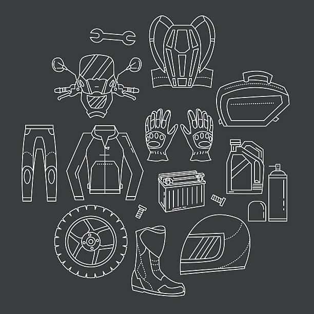 illustrations, cliparts, dessins animés et icônes de vecteur ensemble de symboles de moto - motorcycle mirror biker glove