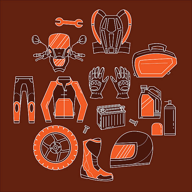 illustrations, cliparts, dessins animés et icônes de vecteur ensemble de symboles de moto - motorcycle mirror biker glove