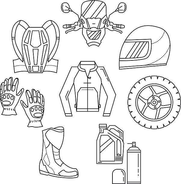 illustrations, cliparts, dessins animés et icônes de vecteur ensemble de symboles de moto - motorcycle mirror biker glove