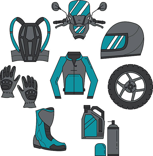 ilustrações, clipart, desenhos animados e ícones de vetor ícones conjunto de motocicleta - motorcycle mirror biker glove